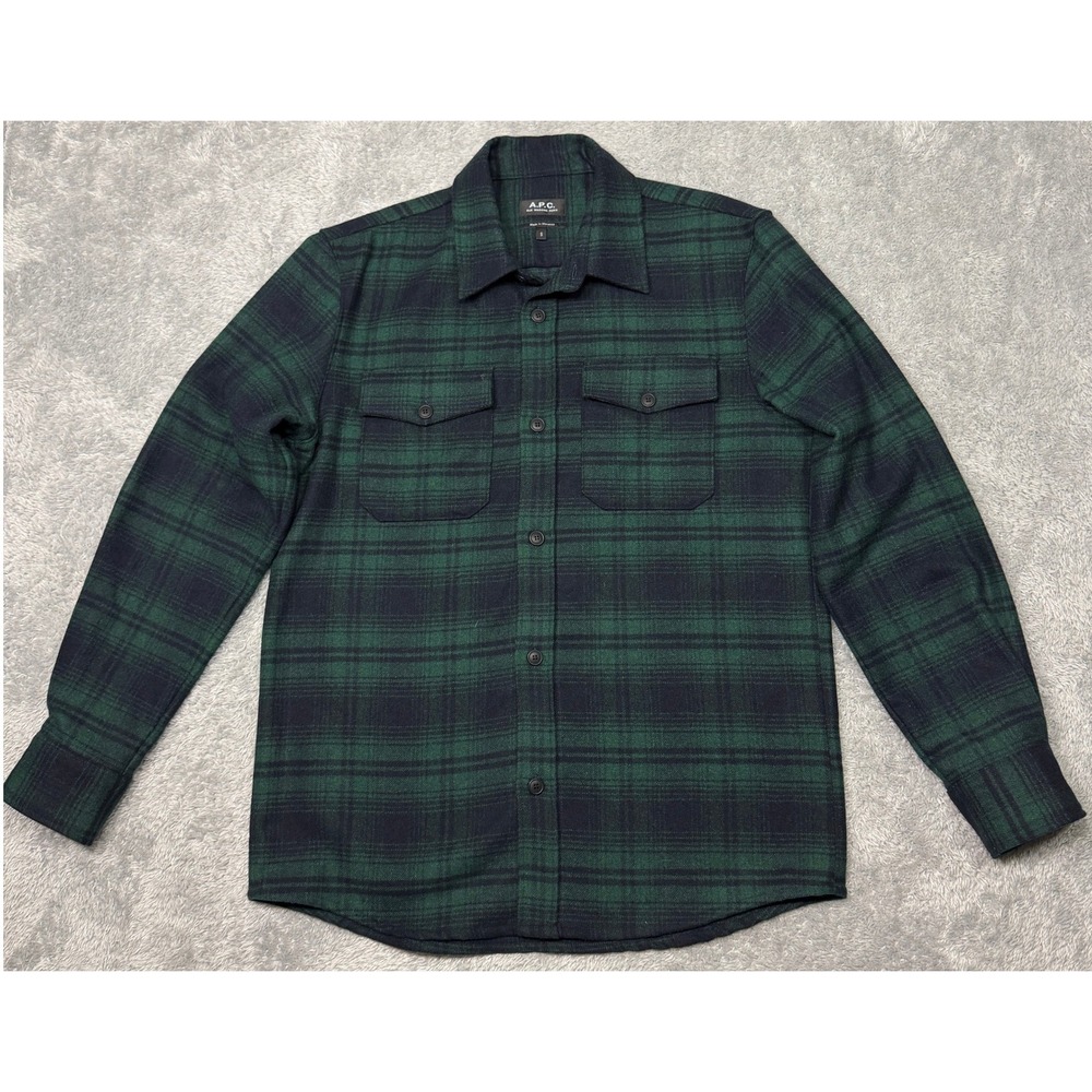 A.P.C. Men's Wool Blend Flannel Shirt Black Watch Plaid Long Sleeves Size MS